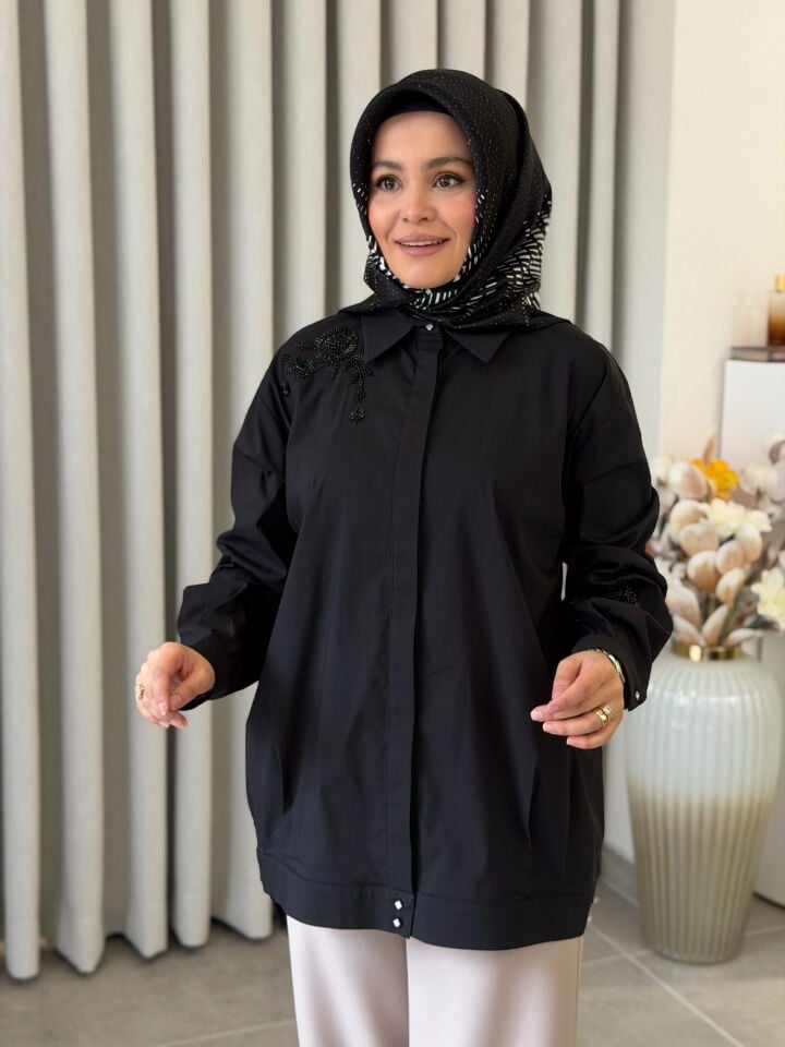 TIĞ TRİKO TAŞ İŞLEMELİ POPLİN GÖMLEK SİYAH