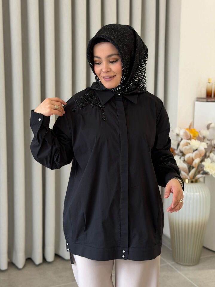 TIĞ TRİKO TAŞ İŞLEMELİ POPLİN GÖMLEK SİYAH