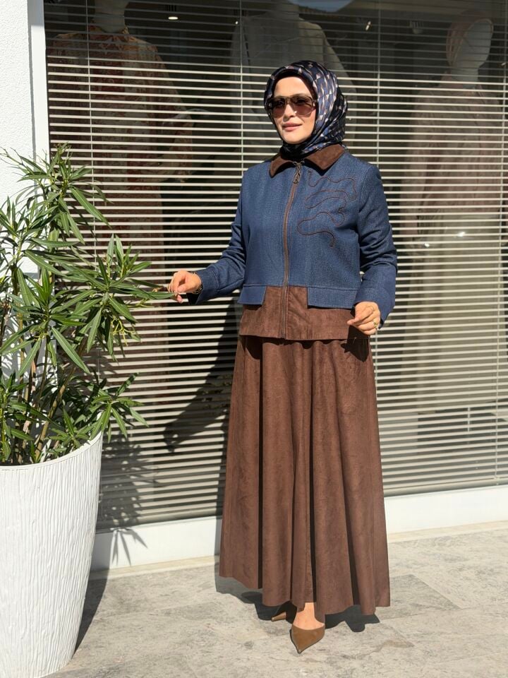 ARMİNE TREND KADİFE ETEKTLİ CEKETLİ TAKIM LACİVERT