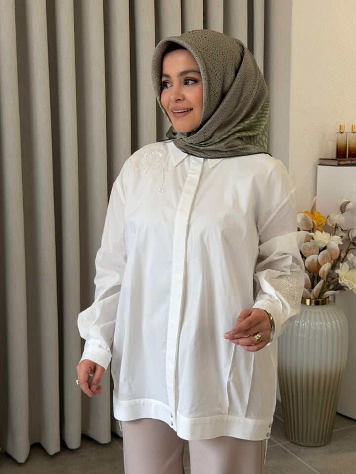 TIĞ TRİKO TAŞ İŞLEMELİ POPLİN GÖMLEK BEYAZ