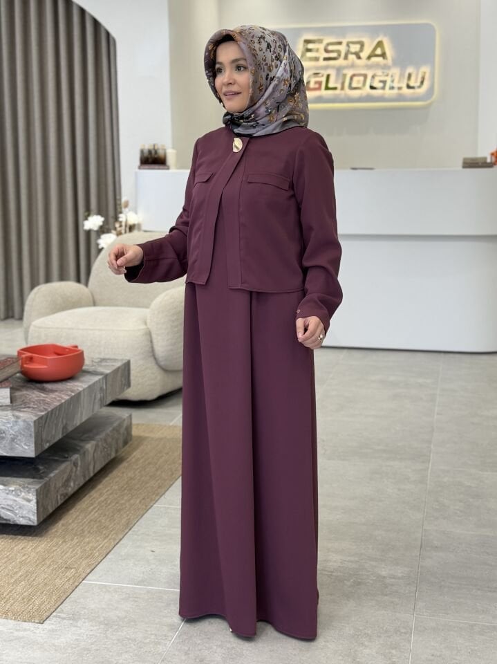 ARMİNE TREND KOLSUZ CEKETLİ ELBİSE MÜRDÜM