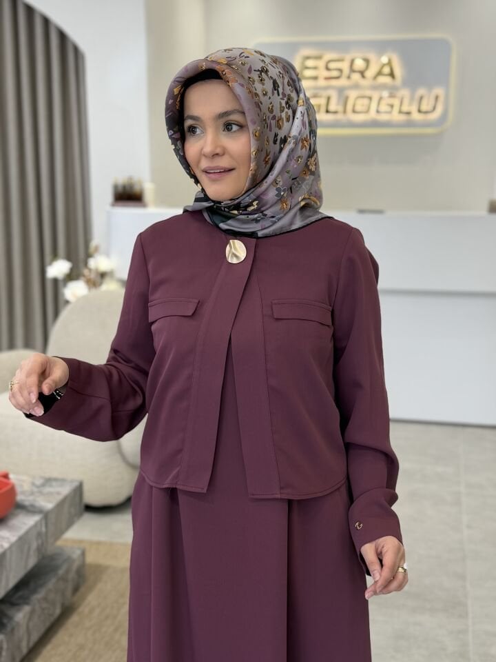 ARMİNE TREND KOLSUZ CEKETLİ ELBİSE MÜRDÜM