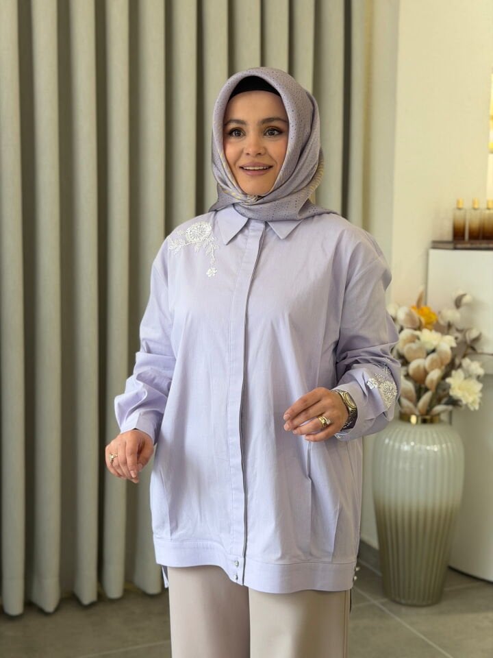 TIĞ TRİKO TAŞ İŞLEMELİ POPLİN GÖMLEK LİLA