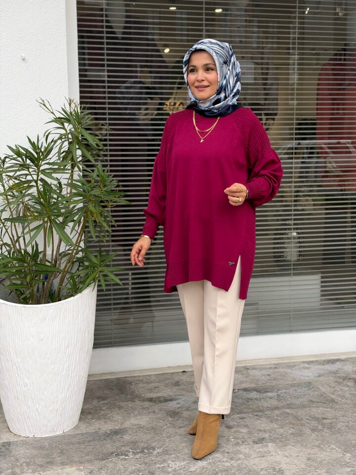 TIĞ TRİKO YANLARI YIRTMAÇLI MERSERİZE TUNİK VİŞNE