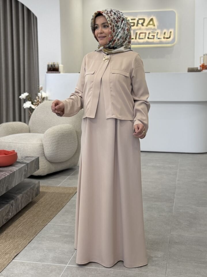 ARMİNE TREND KOLSUZ CEKETLİ ELBİSE BEJ