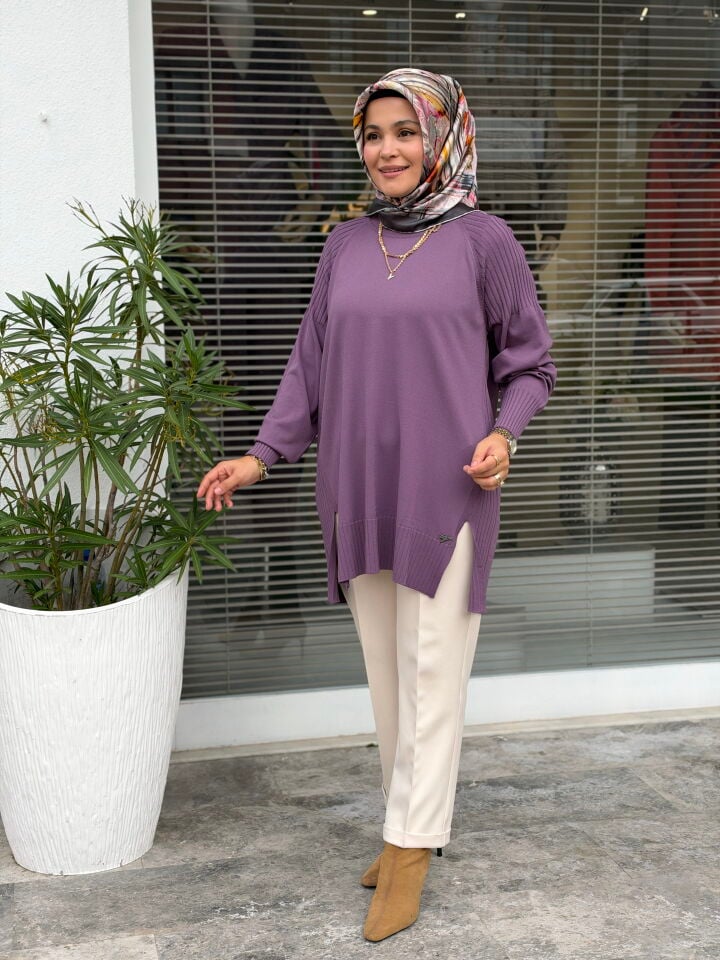 TIĞ TRİKO YANLARI YIRTMAÇLI MERSERİZE TUNİK LİLA