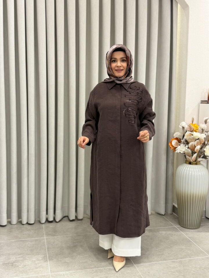 ARMİNE TREND TENCEL KUMAŞ TAM BOY TUNİK KAHVERENGİ