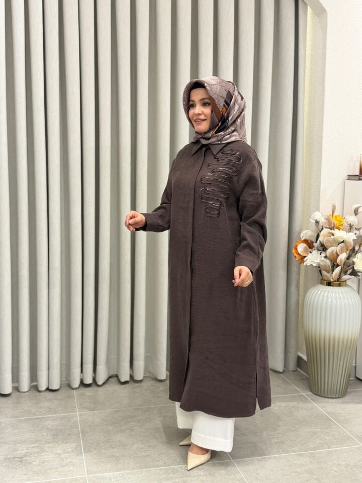 ARMİNE TREND TENCEL KUMAŞ TAM BOY TUNİK KAHVERENGİ