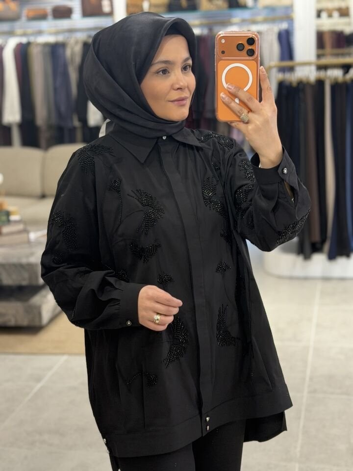 TIĞ TRİKO TAŞ İŞLEMELİ GÖMLEK SİYAH