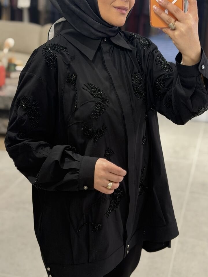 TIĞ TRİKO TAŞ İŞLEMELİ GÖMLEK SİYAH