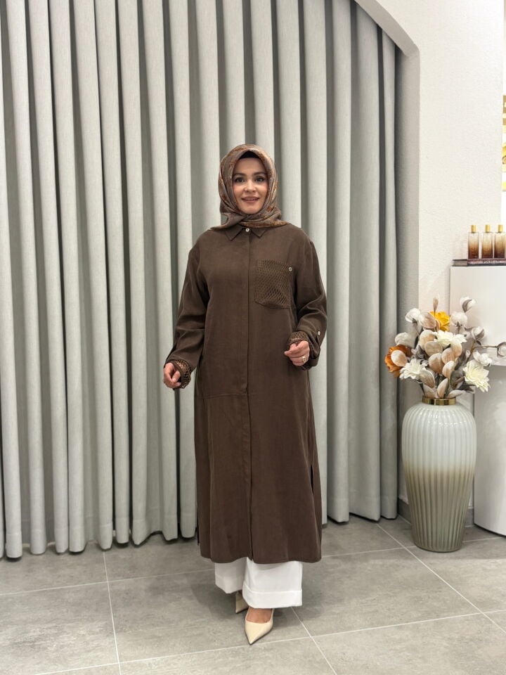ARMİNE TREND TENCEL KUMAŞ TAM BOY FİLE DETAYLI TUNİK KAHVERENGİ