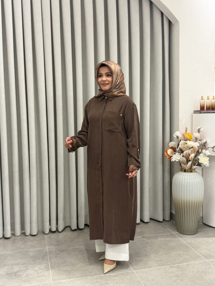 ARMİNE TREND TENCEL KUMAŞ TAM BOY FİLE DETAYLI TUNİK KAHVERENGİ