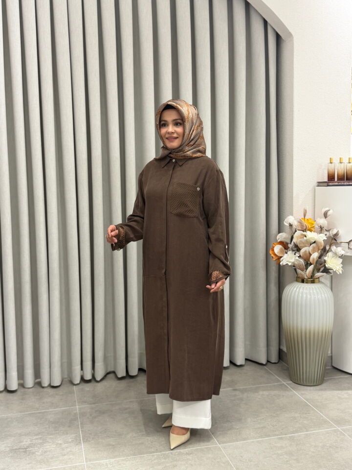 ARMİNE TREND TENCEL KUMAŞ TAM BOY FİLE DETAYLI TUNİK KAHVERENGİ