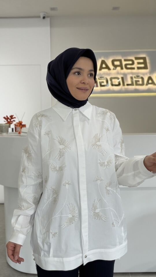 TIĞ TRİKO TAŞ İŞLEMELİ GÖMLEK BEYAZ