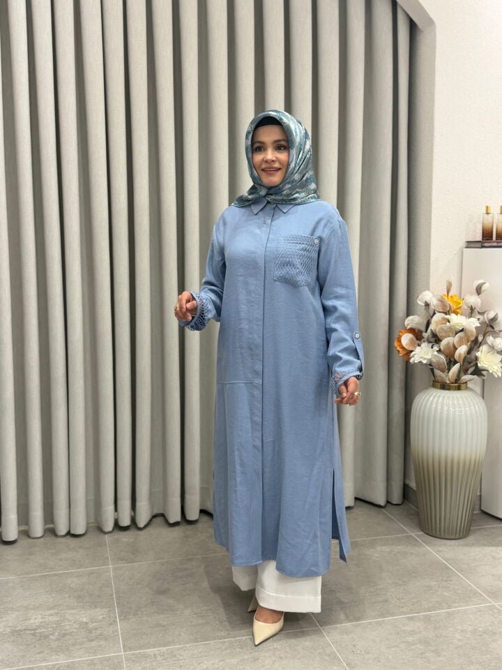 ARMİNE TREND TENCEL KUMAŞ TAM BOY FİLE DETAYLI TUNİK MAVİ