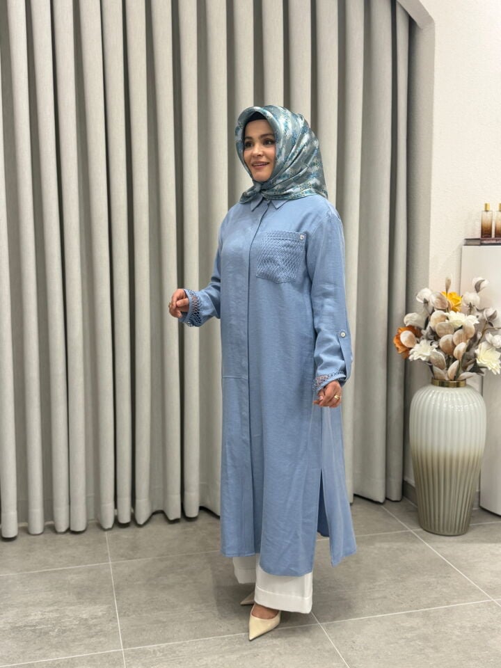 ARMİNE TREND TENCEL KUMAŞ TAM BOY FİLE DETAYLI TUNİK MAVİ