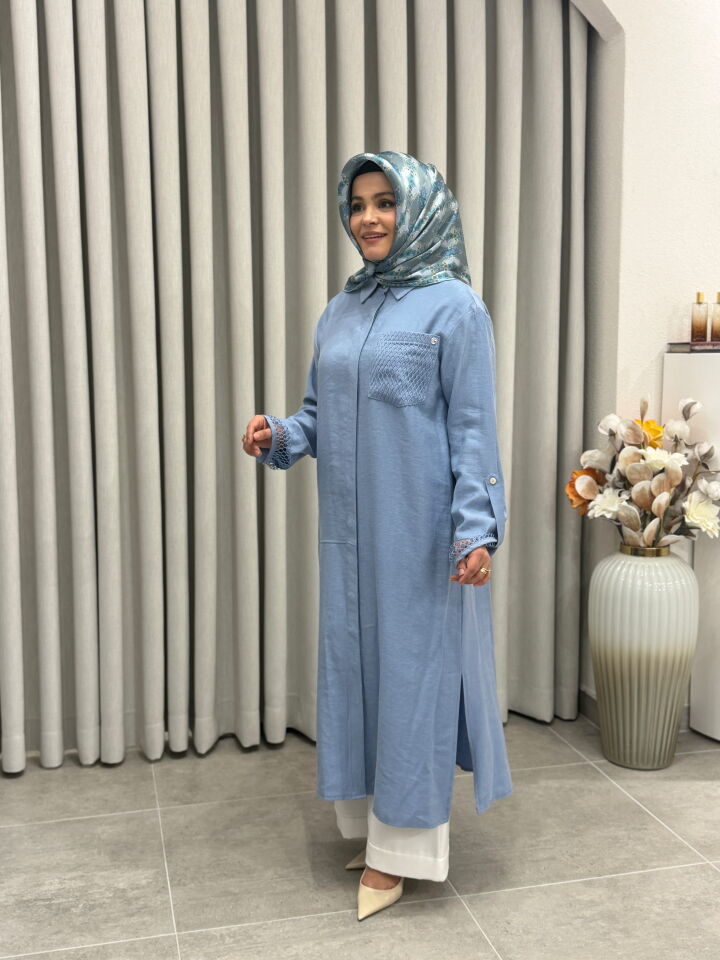 ARMİNE TREND TENCEL KUMAŞ TAM BOY FİLE DETAYLI TUNİK MAVİ
