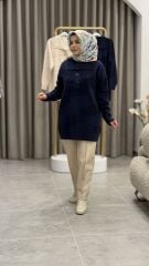 TIĞ TRİKO POLA YAKA KABARTMA ÖRGÜLÜ KAZAK LACİVERT