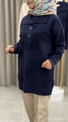 TIĞ TRİKO POLA YAKA KABARTMA ÖRGÜLÜ KAZAK LACİVERT