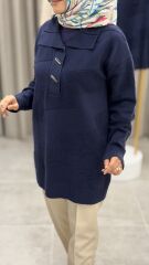 TIĞ TRİKO POLA YAKA KABARTMA ÖRGÜLÜ KAZAK LACİVERT