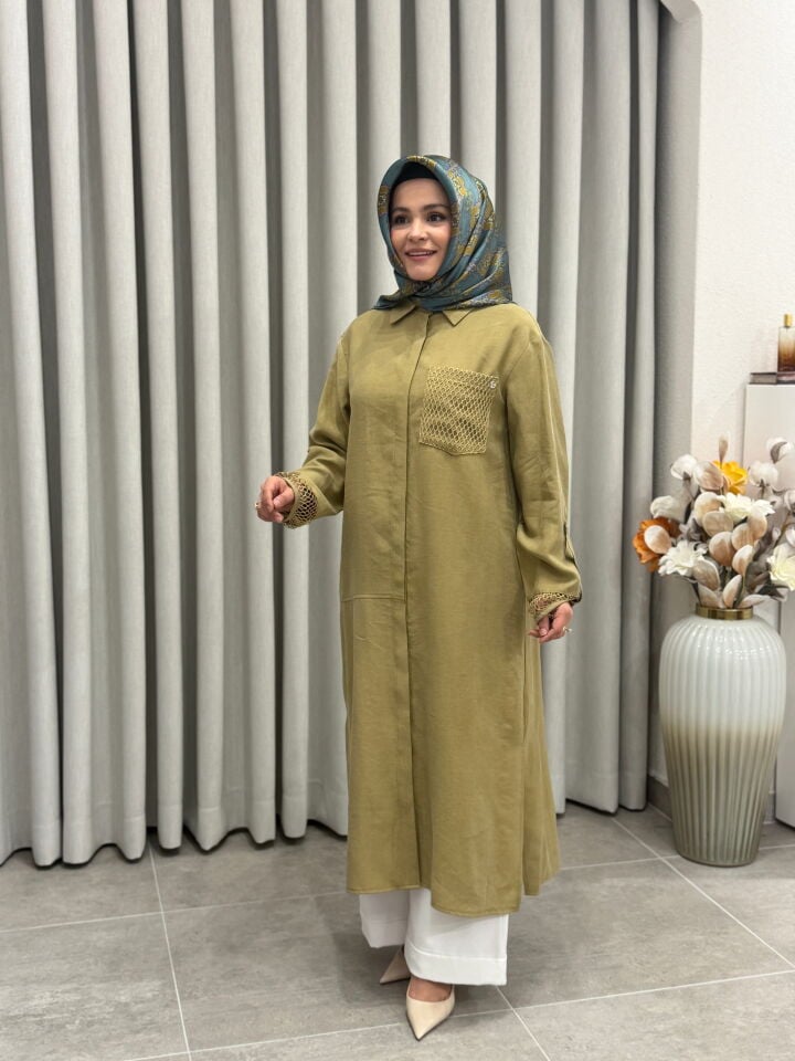 ARMİNE TREND TENCEL KUMAŞ TAM BOY FİLE DETAYLI TUNİK YAĞ YEŞİLİ