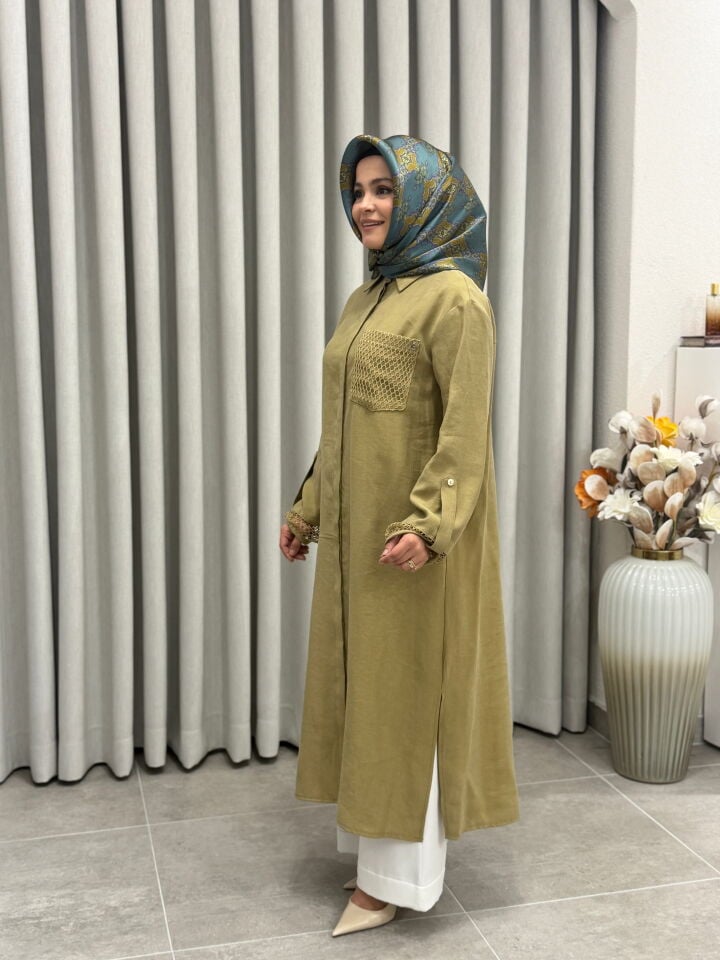 ARMİNE TREND TENCEL KUMAŞ TAM BOY FİLE DETAYLI TUNİK YAĞ YEŞİLİ