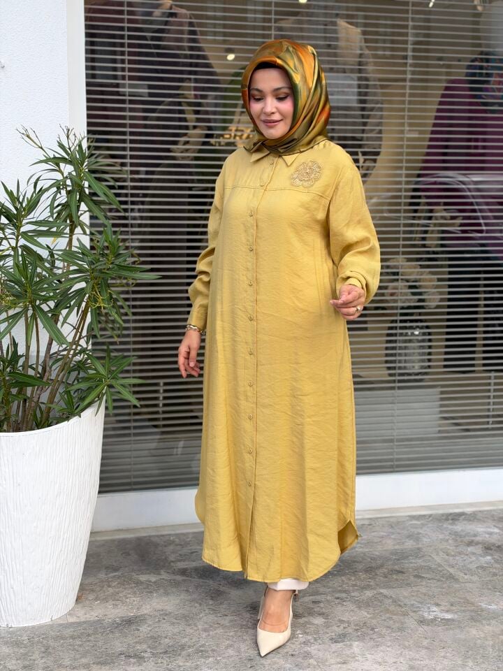 ARMİNE TREND ÇİÇEK İŞLEMELİ TENCEL GÖMLEK YAĞ YEŞİLİ