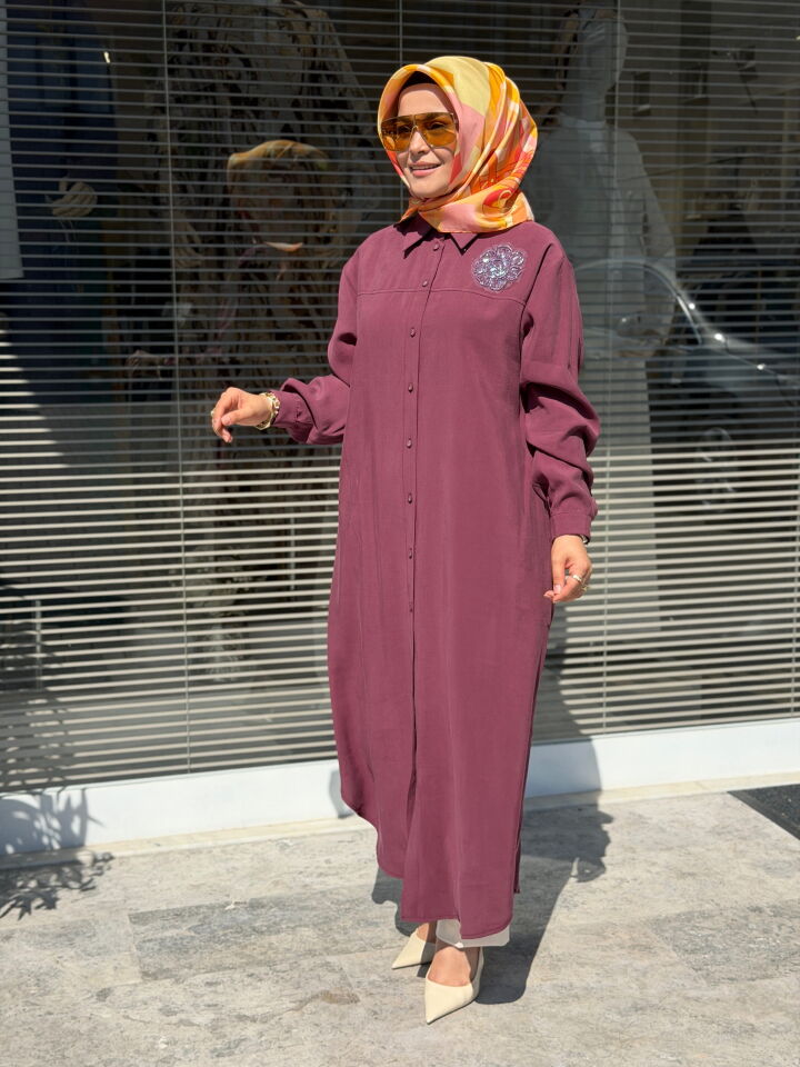 ARMİNE TREND ÇİÇEK İŞLEMELİ TENCEL GÖMLEK VİŞNE