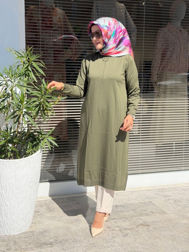 ARMİNE TREND YAKASI FERMUARLI MERSERİZE TUNİK HAKİ