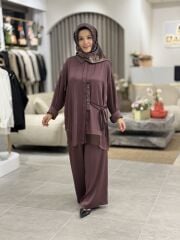 YAQA PREMİUM İTHAL SATEN PANTOLONLU TAKIM ÇİKOLATA