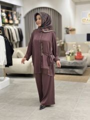 YAQA PREMİUM İTHAL SATEN PANTOLONLU TAKIM ÇİKOLATA