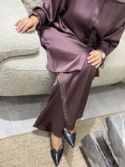 YAQA PREMİUM İTHAL SATEN PANTOLONLU TAKIM ÇİKOLATA