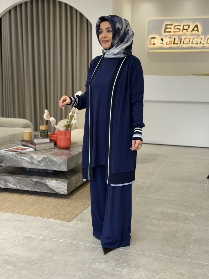 TIĞ TRİKO RİBANA DETAYLI ÜÇLÜ TAKIM LACİVERT