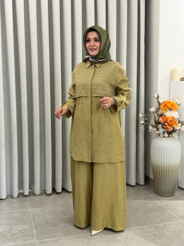 ARMİNE TREND FİLE DETAYLI TENCEL PANTALONLU TAKIM YAĞ YEŞİLİ