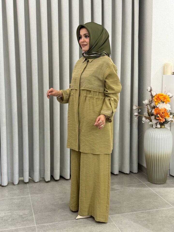 ARMİNE TREND FİLE DETAYLI TENCEL PANTALONLU TAKIM YAĞ YEŞİLİ