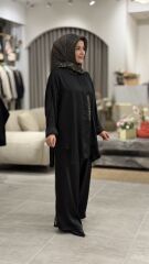 YAQA PREMİUM İTHAL SATEN PANTOLONLU TAKIM SİYAH