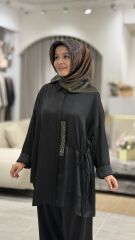 YAQA PREMİUM İTHAL SATEN PANTOLONLU TAKIM SİYAH