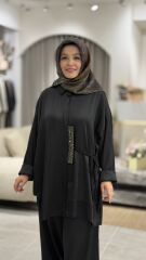 YAQA PREMİUM İTHAL SATEN PANTOLONLU TAKIM SİYAH