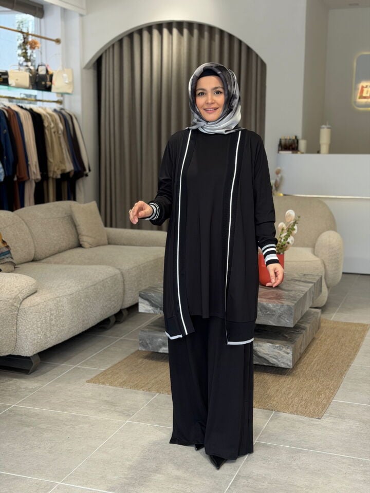 TIĞ TRİKO RİBANA DETAYLI ÜÇLÜ TAKIM SİYAH