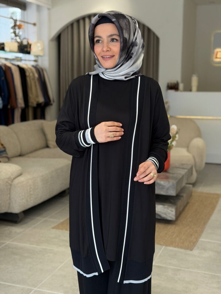 TIĞ TRİKO RİBANA DETAYLI ÜÇLÜ TAKIM SİYAH