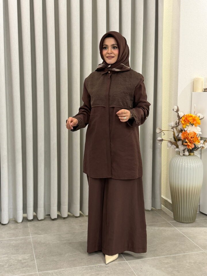 ARMİNE TREND FİLE DETAYLI TENCEL PANTALONLU TAKIM KAHVERENGİ