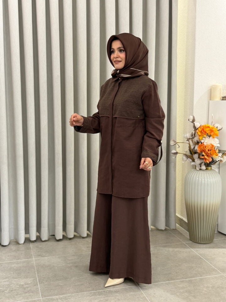 ARMİNE TREND FİLE DETAYLI TENCEL PANTALONLU TAKIM KAHVERENGİ