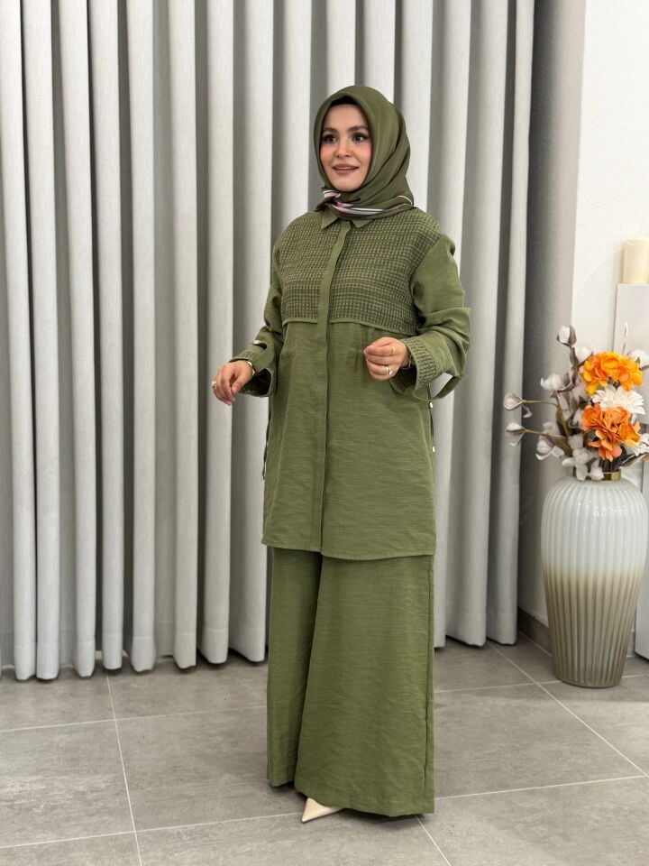ARMİNE TREND FİLE DETAYLI TENCEL PANTALONLU TAKIM ÇİMEN YEŞİLİ