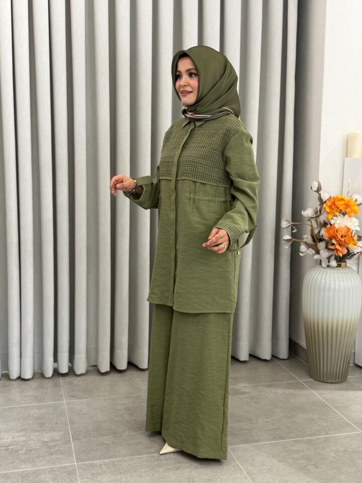 ARMİNE TREND FİLE DETAYLI TENCEL PANTALONLU TAKIM ÇİMEN YEŞİLİ