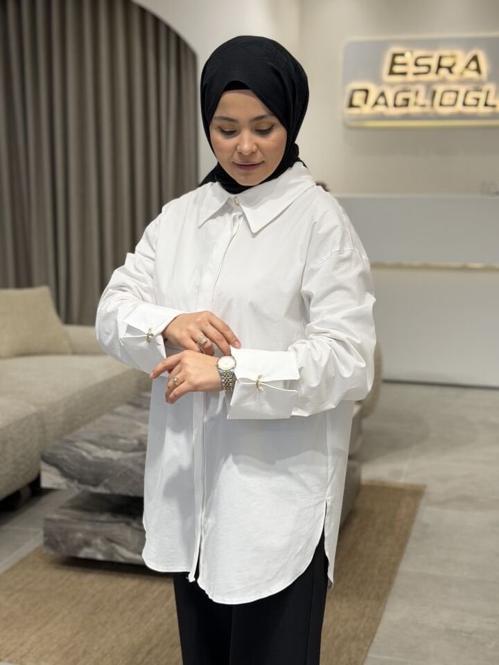 ARMİNE TREND OVERSİZE KOL AKSESURARLI GÖMLEK BEYAZ