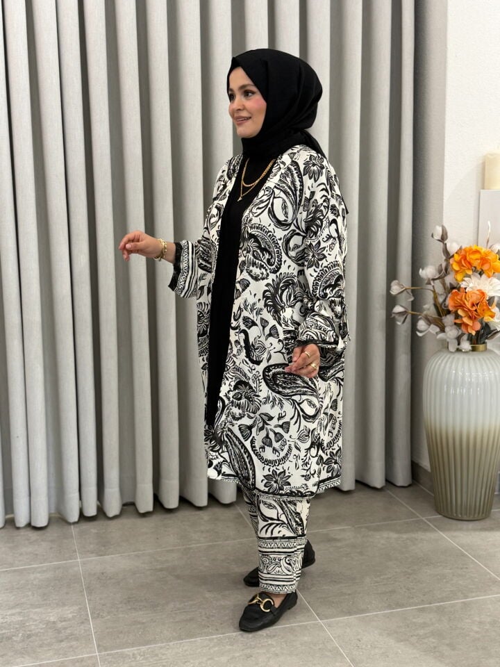 TIĞ TRİKO DESENLİ PANTOLONLU KİMONO TAKIM SİYAH