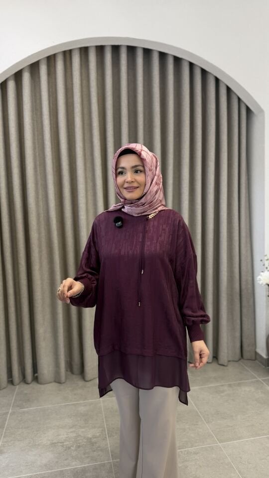 TIĞ TRİKO ŞİFON DETAYLI TUNİK MÜRDÜM