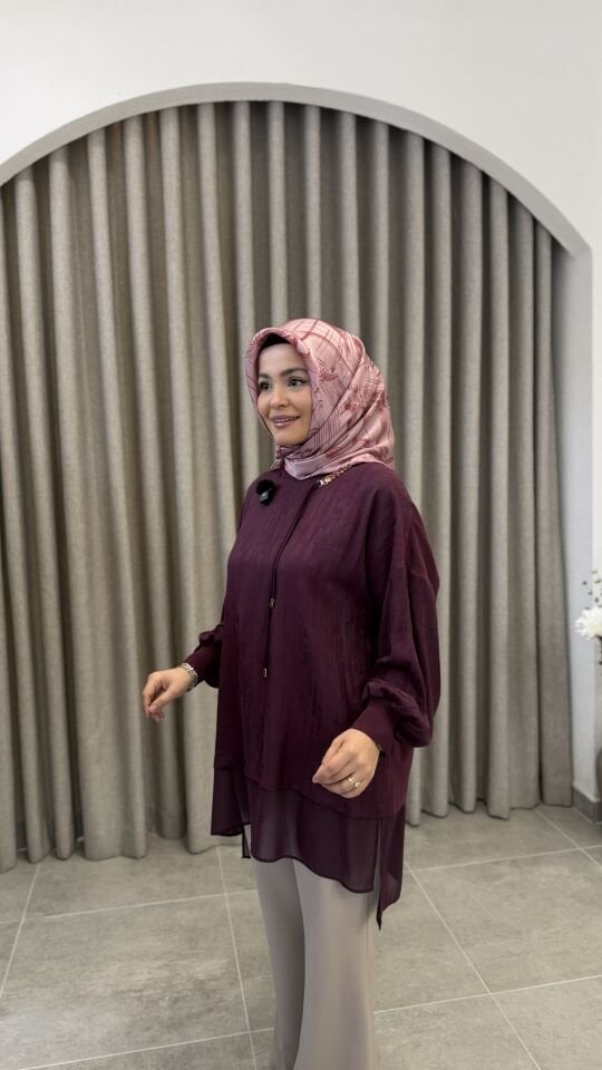 TIĞ TRİKO ŞİFON DETAYLI TUNİK MÜRDÜM