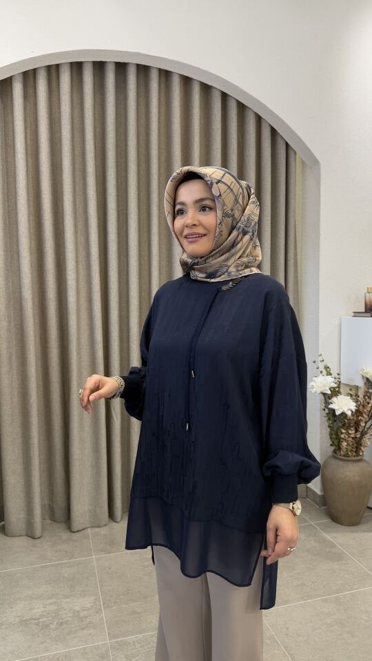 TIĞ TRİKO ŞİFON DETAYLI TUNİK LACİVERT