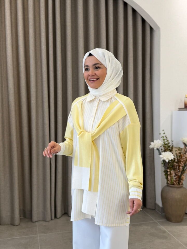 TIĞ TRİKO ŞAL DETAYLI GÖMLEK SARI